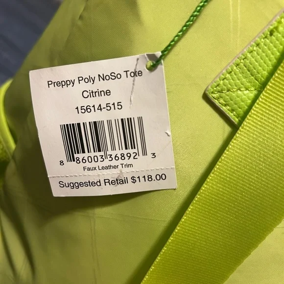 Vera Bradley Preppy Poly NoSo Tote in Citrine (Lime Green) NWT READ - Picture 3 of 9